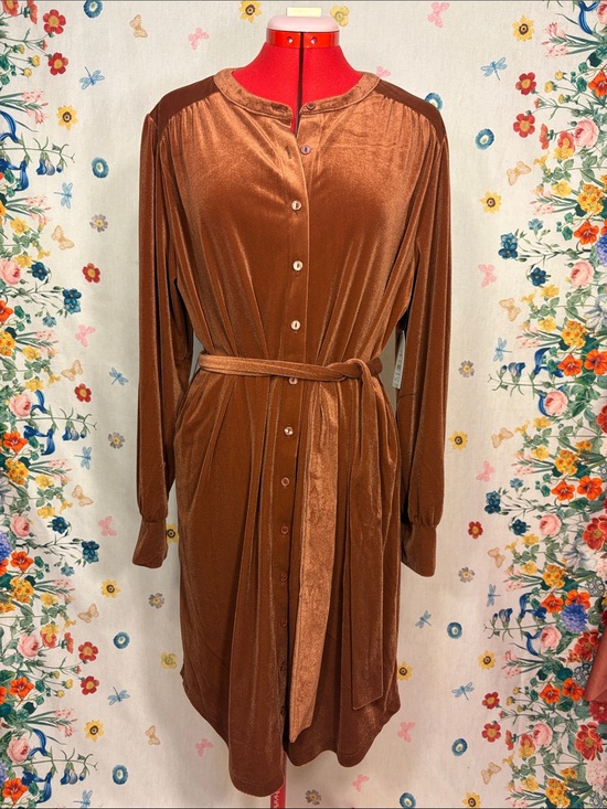Time and Tru Dresses & Skirts - Time and Tru - NWT Copper Brown Velvet Button-Front Belted Dress Chic Classic